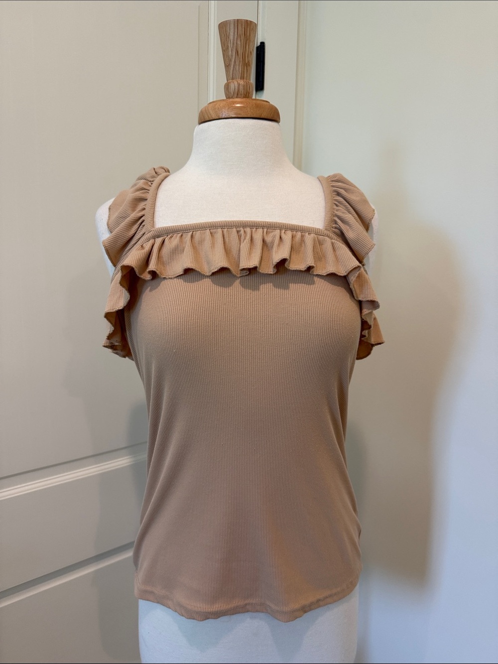 Ruffle Square-Neck Tank Top - Beige